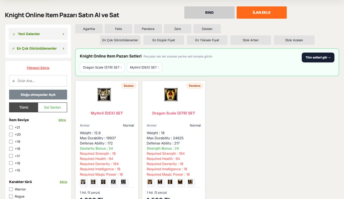 Knight Online item pazarı ilan listesi ve filtreler