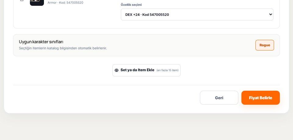 Uygun karakter sınıfları ve Fiyat Belirle düğmesi
